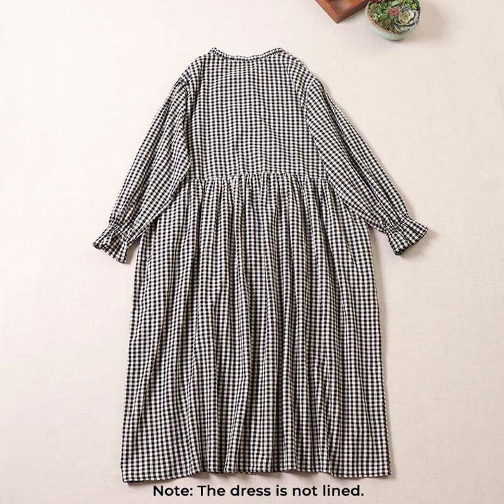 Buddha Stones Casual Plaid Simple Buttons Ruffled Design Cotton Linen Midi Dress With Pockets - image 8