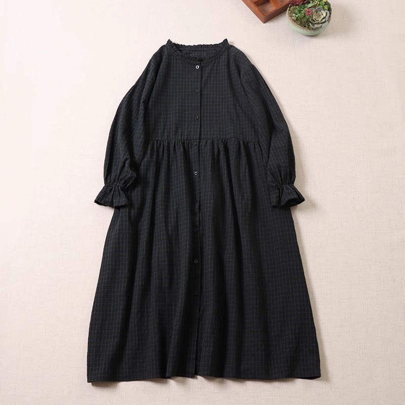 Buddha Stones Long Sleeve Plaid Simple Buttons Ruffled Design Cotton Linen Midi Dress With Pockets - Black White Plaid - US8-10，UK/AU12-14，EU40-42 (2XL) - image 1
