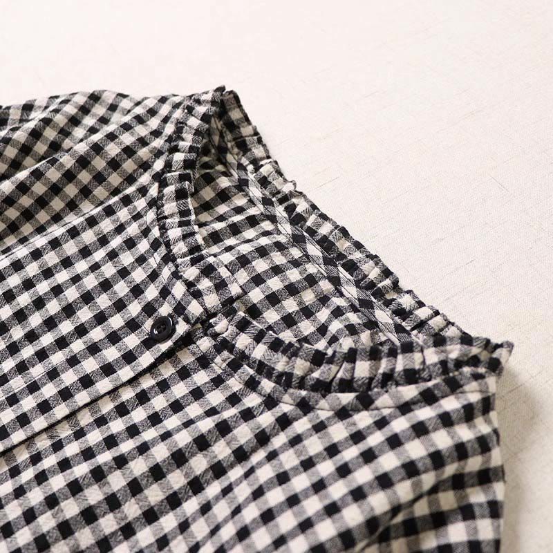 Buddha Stones Long Sleeve Plaid Simple Buttons Ruffled Design Cotton Linen Midi Dress With Pockets - image 12