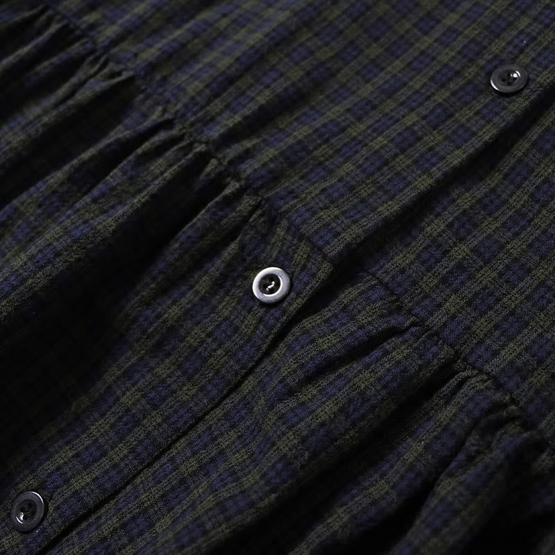 Buddha Stones Casual Plaid Simple Buttons Ruffled Design Cotton Linen Midi Dress With Pockets - image 3