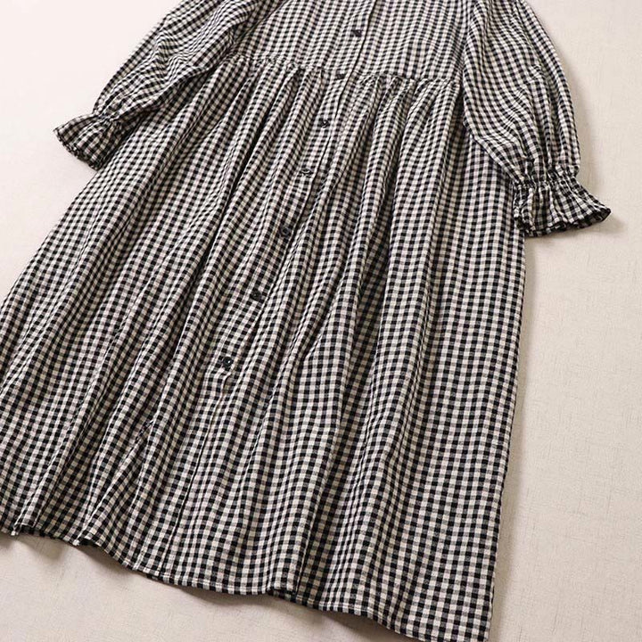 Buddha Stones Long Sleeve Plaid Simple Buttons Ruffled Design Cotton Linen Midi Dress With Pockets - image 10