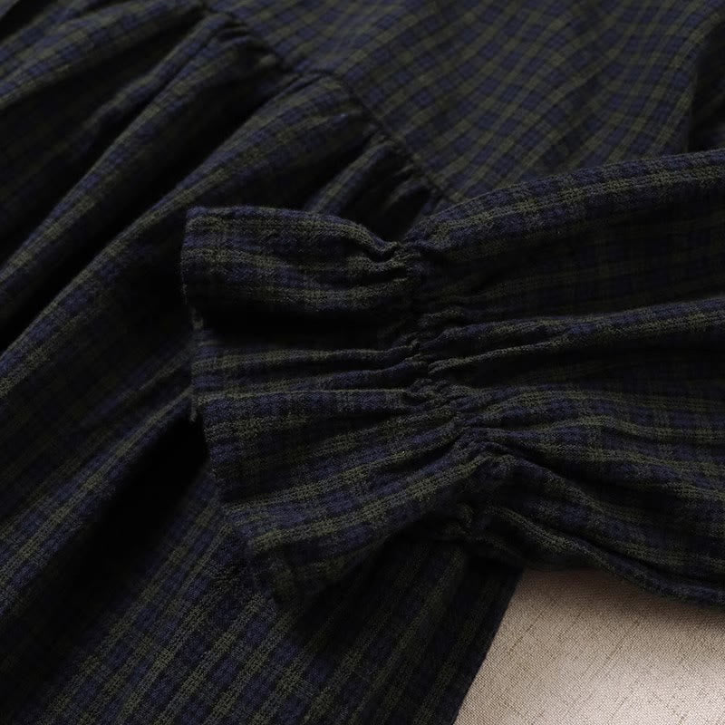 Buddha Stones Long Sleeve Plaid Simple Buttons Ruffled Design Cotton Linen Midi Dress With Pockets - image 6