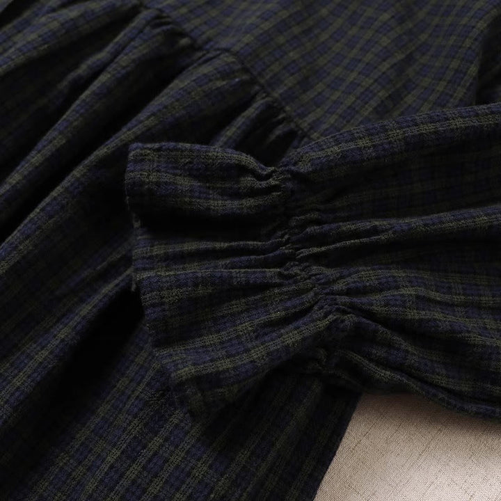 Buddha Stones Long Sleeve Plaid Simple Buttons Ruffled Design Cotton Linen Midi Dress With Pockets - image 6
