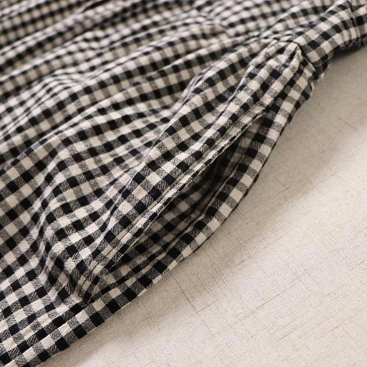 Buddha Stones Long Sleeve Plaid Simple Buttons Ruffled Design Cotton Linen Midi Dress With Pockets - image 19