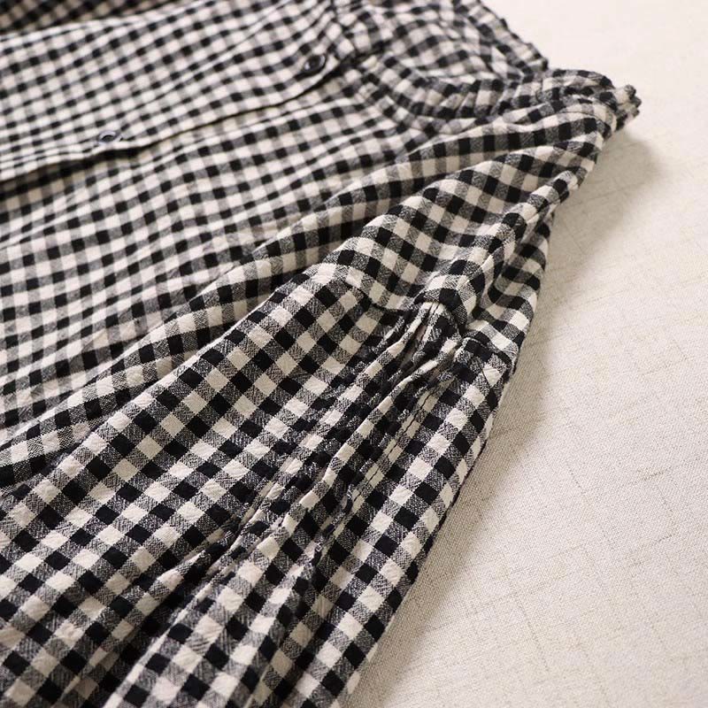 Buddha Stones Casual Plaid Simple Buttons Ruffled Design Cotton Linen Midi Dress With Pockets - image 14