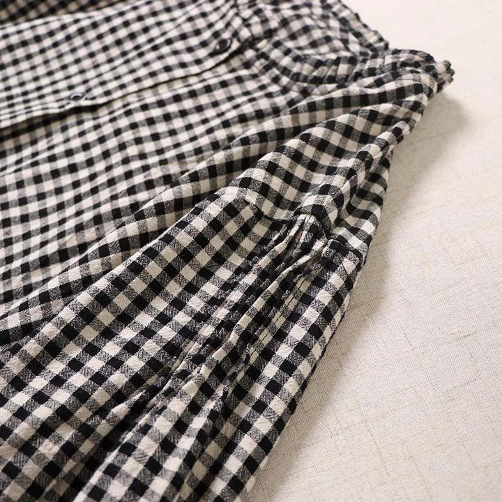 Buddha Stones Casual Plaid Simple Buttons Ruffled Design Cotton Linen Midi Dress With Pockets - image 14