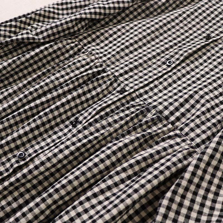 Buddha Stones Long Sleeve Plaid Simple Buttons Ruffled Design Cotton Linen Midi Dress With Pockets - image 15