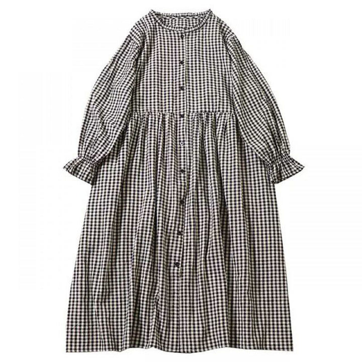 Buddha Stones Long Sleeve Plaid Simple Buttons Ruffled Design Cotton Linen Midi Dress With Pockets - image 20