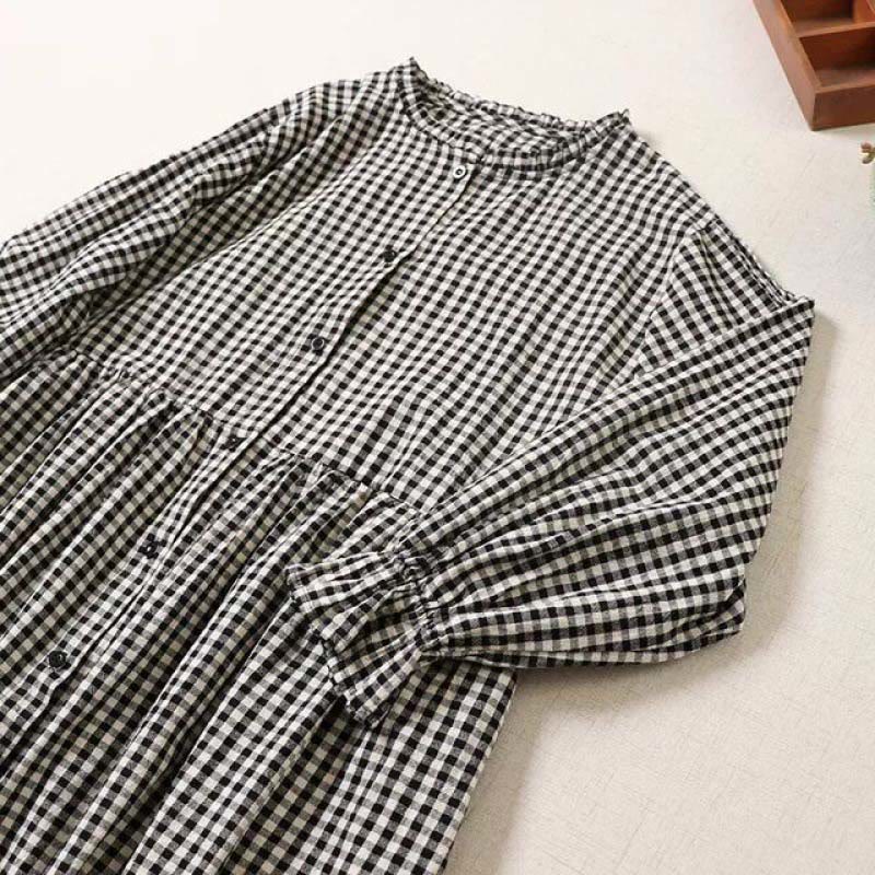 Buddha Stones Casual Plaid Simple Buttons Ruffled Design Cotton Linen Midi Dress With Pockets - image 10