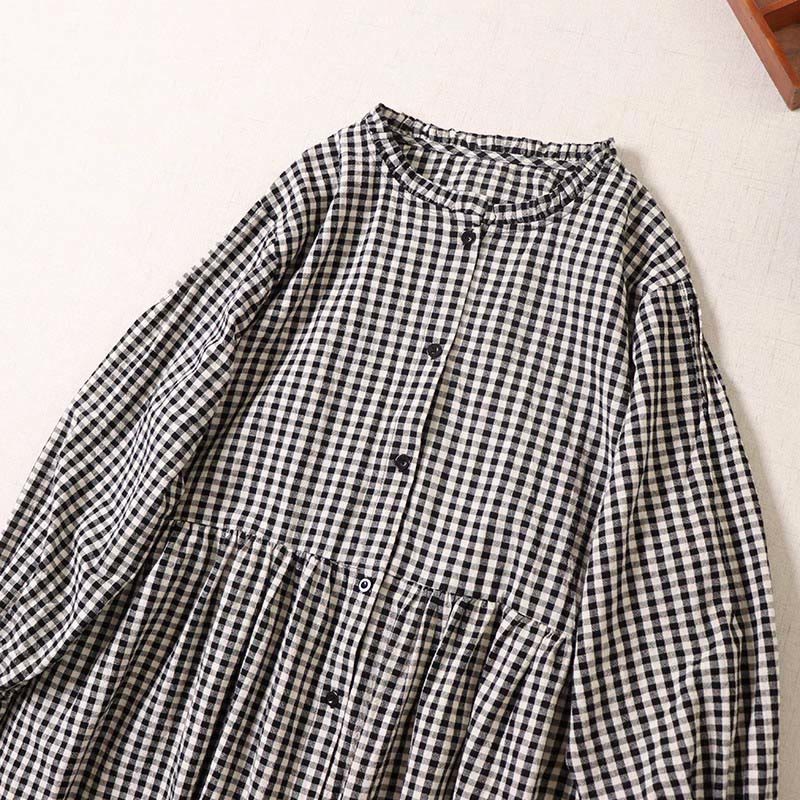 Buddha Stones Long Sleeve Plaid Simple Buttons Ruffled Design Cotton Linen Midi Dress With Pockets - image 9