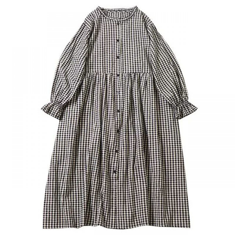 Buddha Stones Casual Plaid Simple Buttons Ruffled Design Cotton Linen Midi Dress With Pockets - image 20