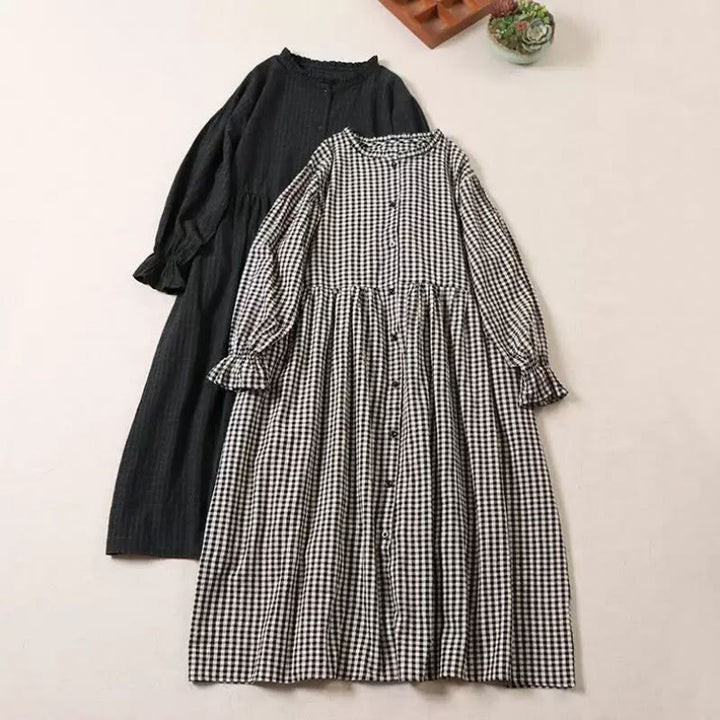 Buddha Stones Long Sleeve Plaid Simple Buttons Ruffled Design Cotton Linen Midi Dress With Pockets - image 21