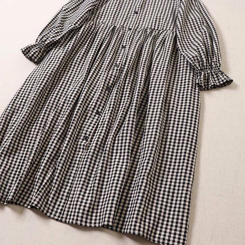 Buddha Stones Casual Plaid Simple Buttons Ruffled Design Cotton Linen Midi Dress With Pockets - image 11