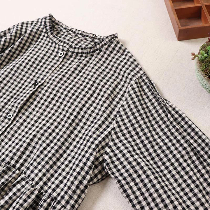 Buddha Stones Casual Plaid Simple Buttons Ruffled Design Cotton Linen Midi Dress With Pockets - image 13
