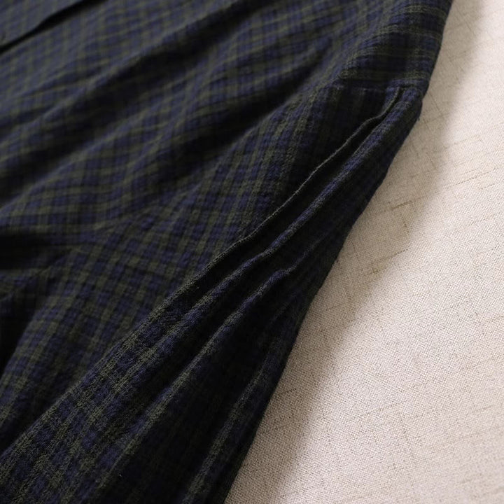 Buddha Stones Long Sleeve Plaid Simple Buttons Ruffled Design Cotton Linen Midi Dress With Pockets - image 5
