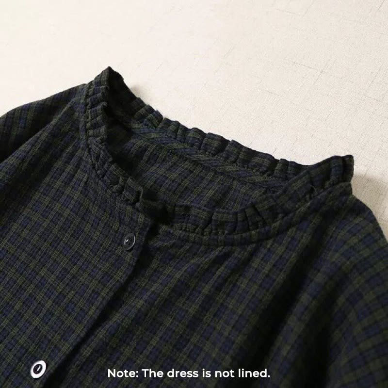 Buddha Stones Long Sleeve Plaid Simple Buttons Ruffled Design Cotton Linen Midi Dress With Pockets - image 2