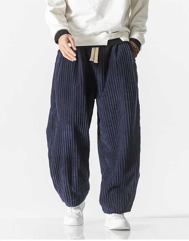 Buddha Stones Retro Winter Solid Color Men's Drawstring Corduroy Harem Pants With Pockets - image 24