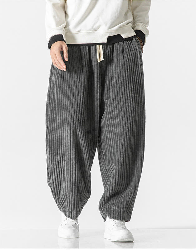 Buddha Stones Retro Winter Solid Color Men's Drawstring Corduroy Harem Pants With Pockets - image 4