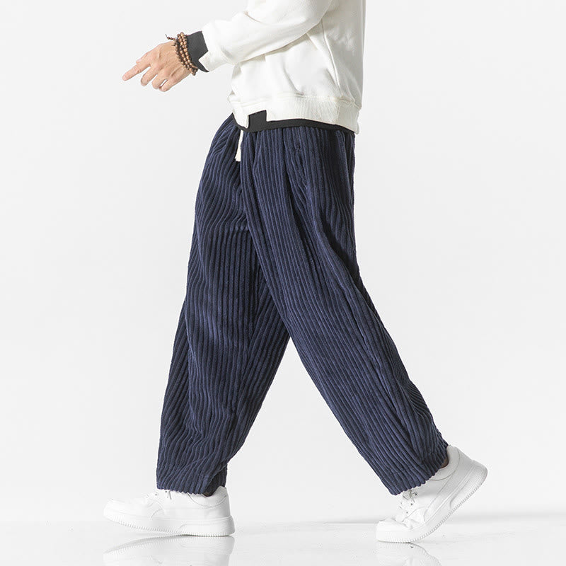 Buddha Stones Retro Winter Solid Color Men's Drawstring Corduroy Harem Pants With Pockets - image 21