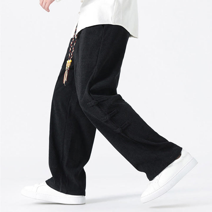 Buddha Stones Plain Chinese Frog-Button Design Drawstring Men's Corduroy Pants With Pockets - image 17
