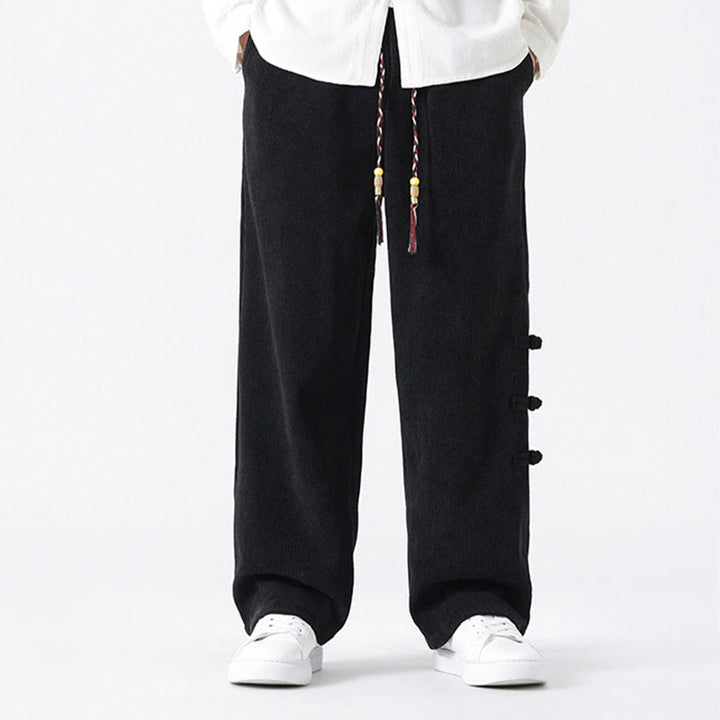 Buddha Stones Plain Chinese Frog-Button Design Drawstring Men's Corduroy Pants With Pockets - image 13