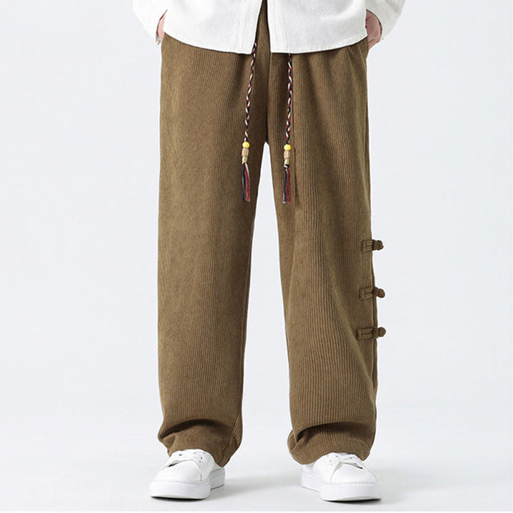 Buddha Stones Plain Chinese Frog-Button Design Drawstring Men's Corduroy Pants With Pockets - image 9
