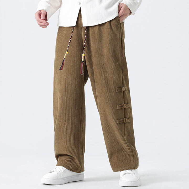 Buddha Stones Plain Chinese Frog-Button Design Drawstring Men's Corduroy Pants With Pockets - image 5