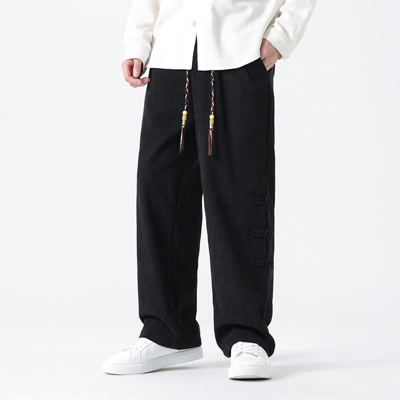 Buddha Stones Plain Chinese Frog-Button Design Drawstring Men's Corduroy Pants With Pockets - Black - US/UK/AU48，EU58(5XL) - image 12