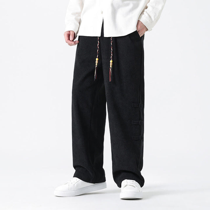 Buddha Stones Plain Chinese Frog-Button Design Drawstring Men's Corduroy Pants With Pockets - Black - US/UK/AU48，EU58(5XL) - image 12