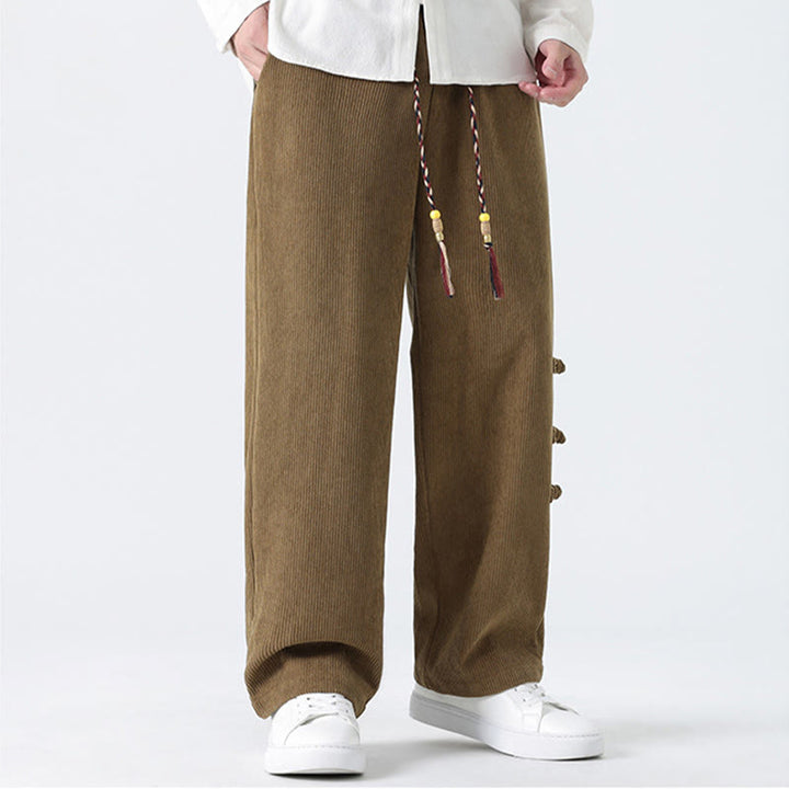 Buddha Stones Plain Chinese Frog-Button Design Drawstring Men's Corduroy Pants With Pockets - image 7
