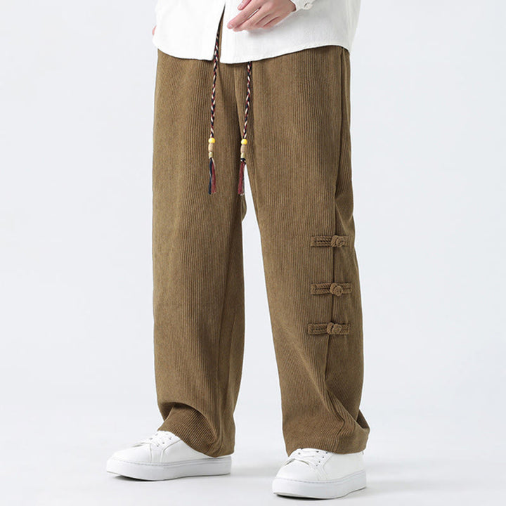 Buddha Stones Plain Chinese Frog-Button Design Drawstring Men's Corduroy Pants With Pockets - image 3