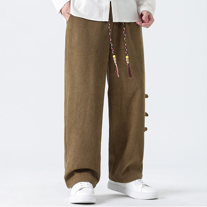 Buddha Stones Plain Chinese Frog-Button Design Drawstring Men's Corduroy Pants With Pockets - image 8