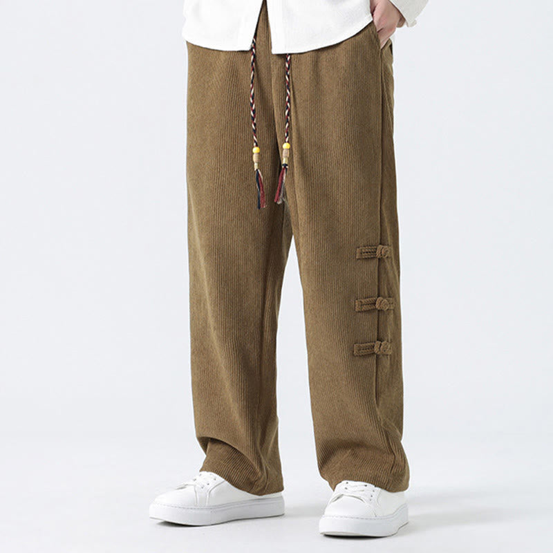 Buddha Stones Plain Chinese Frog-Button Design Drawstring Men's Corduroy Pants With Pockets - image 7