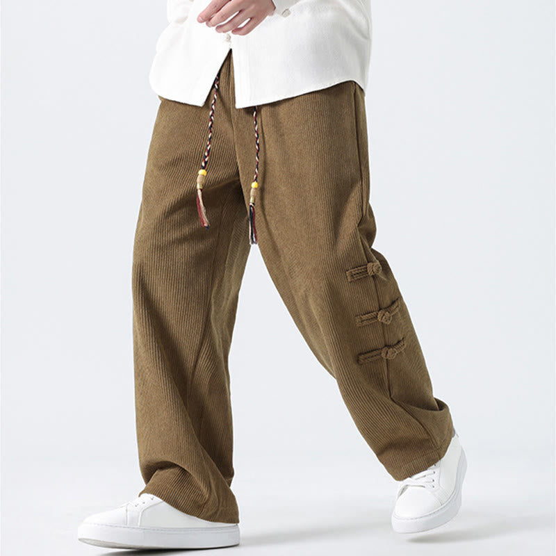 Buddha Stones Plain Chinese Frog-Button Design Drawstring Men's Corduroy Pants With Pockets - image 2