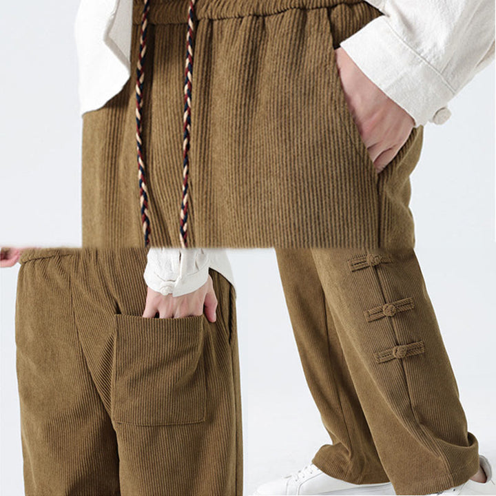 Buddha Stones Plain Chinese Frog-Button Design Drawstring Men's Corduroy Pants With Pockets - image 10