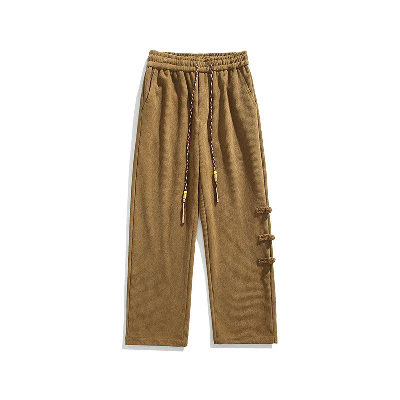 Buddha Stones Plain Chinese Frog-Button Design Drawstring Men's Corduroy Pants With Pockets - image 11