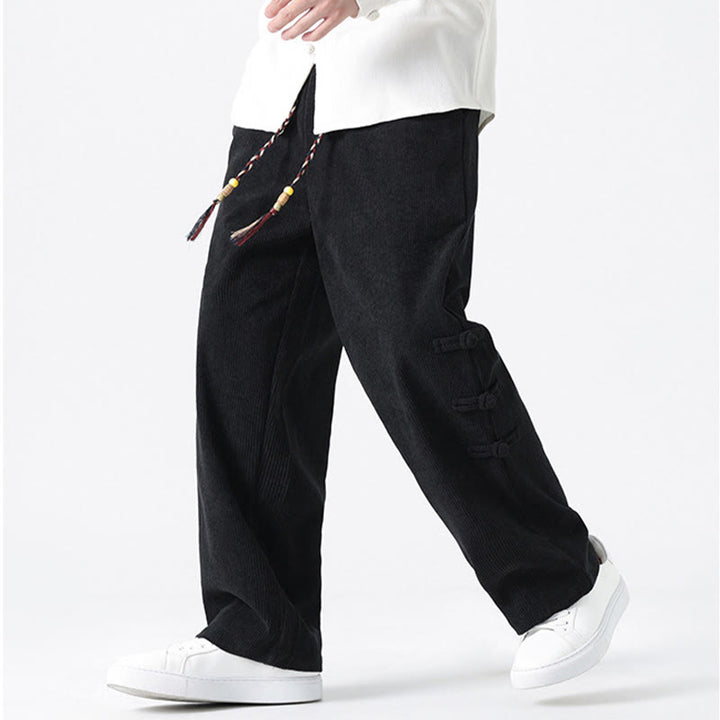 Buddha Stones Plain Chinese Frog-Button Design Drawstring Men's Corduroy Pants With Pockets - image 20