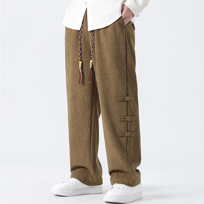 Buddha Stones Plain Chinese Frog-Button Design Drawstring Men's Corduroy Pants With Pockets - image 6