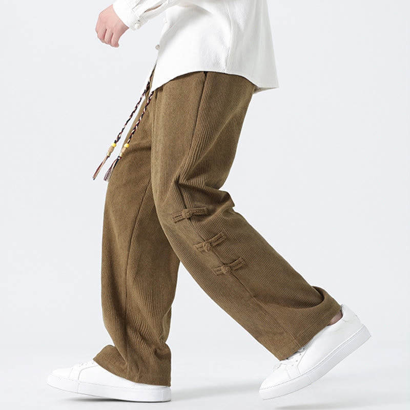 Buddha Stones Plain Chinese Frog-Button Design Drawstring Men's Corduroy Pants With Pockets - image 4