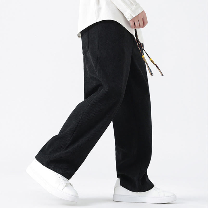 Buddha Stones Plain Chinese Frog-Button Design Drawstring Men's Corduroy Pants With Pockets - image 19