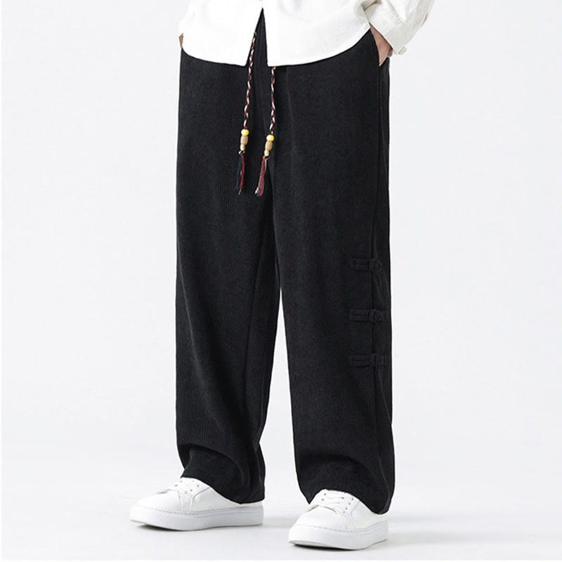 Buddha Stones Plain Chinese Frog-Button Design Drawstring Men's Corduroy Pants With Pockets - image 14
