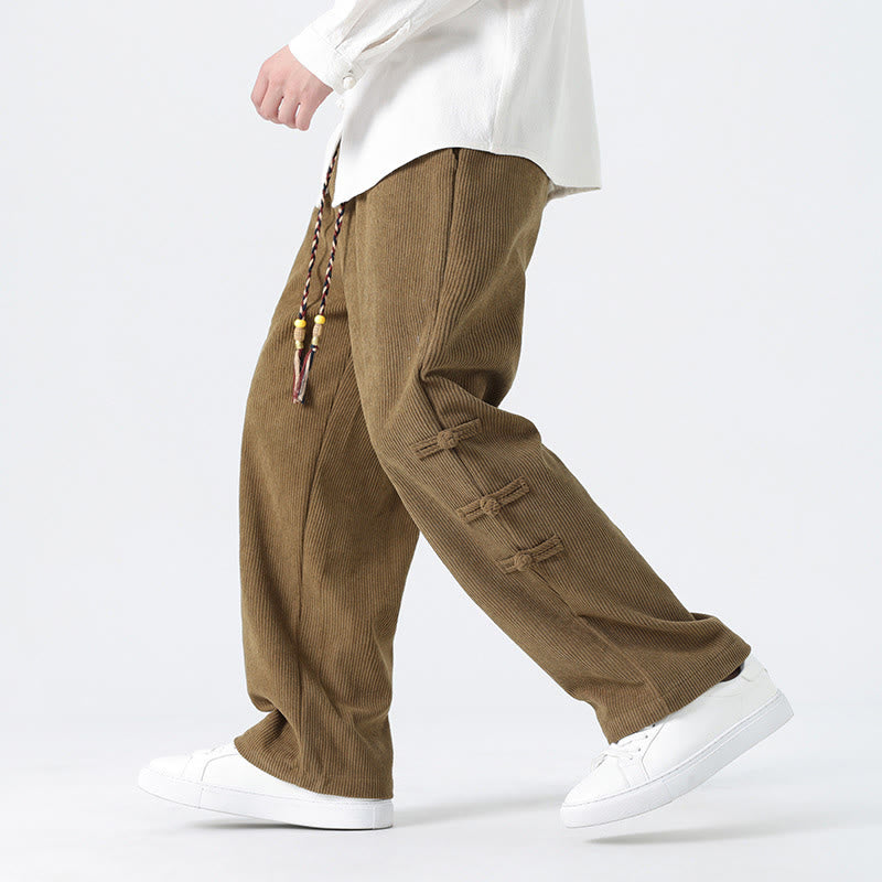 Buddha Stones Plain Chinese Frog-Button Design Drawstring Men's Corduroy Pants With Pockets - DarkGoldenrod - US/UK/AU48，EU58(5XL) - image 1