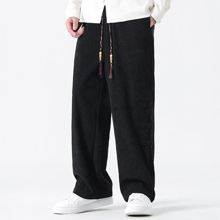 Buddha Stones Plain Chinese Frog-Button Design Drawstring Men's Corduroy Pants With Pockets - image 15