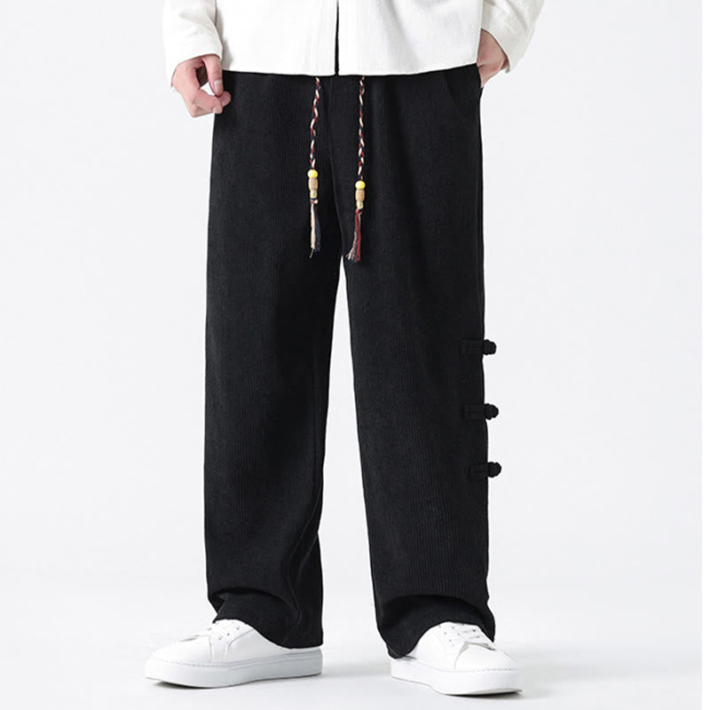 Buddha Stones Plain Chinese Frog-Button Design Drawstring Men's Corduroy Pants With Pockets - image 18