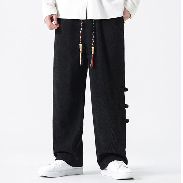 Buddha Stones Plain Chinese Frog-Button Design Drawstring Men's Corduroy Pants With Pockets - image 18
