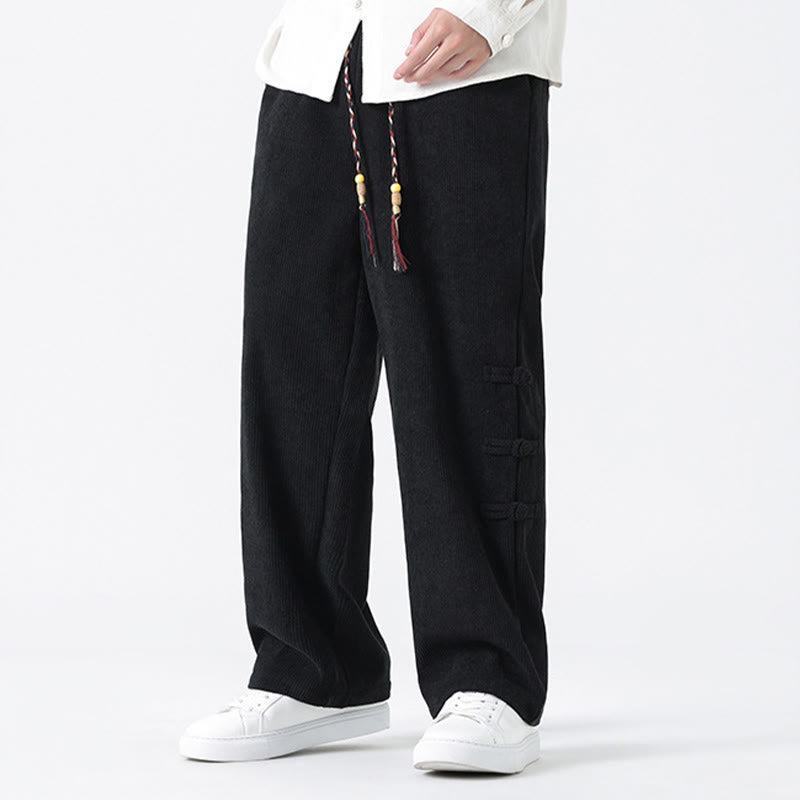 Buddha Stones Plain Chinese Frog-Button Design Drawstring Men's Corduroy Pants With Pockets - image 16