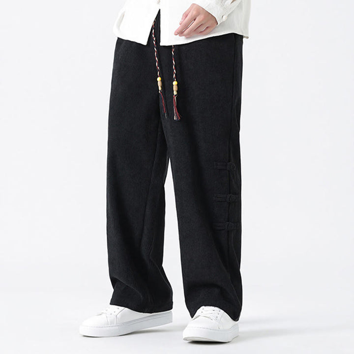 Buddha Stones Plain Chinese Frog-Button Design Drawstring Men's Corduroy Pants With Pockets - image 16