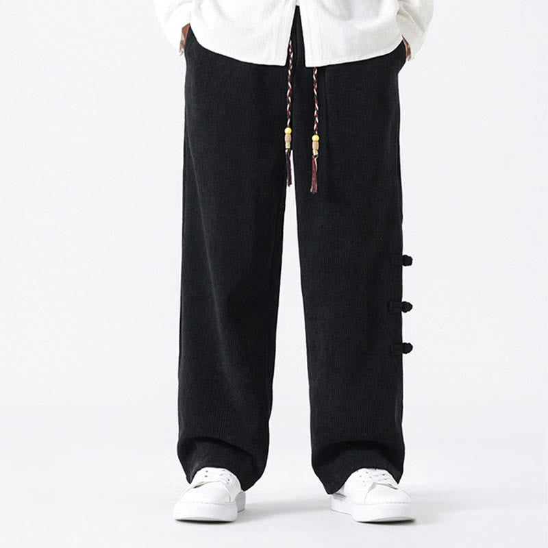 Buddha Stones Plain Chinese Frog-Button Design Drawstring Men's Corduroy Pants With Pockets - image 12