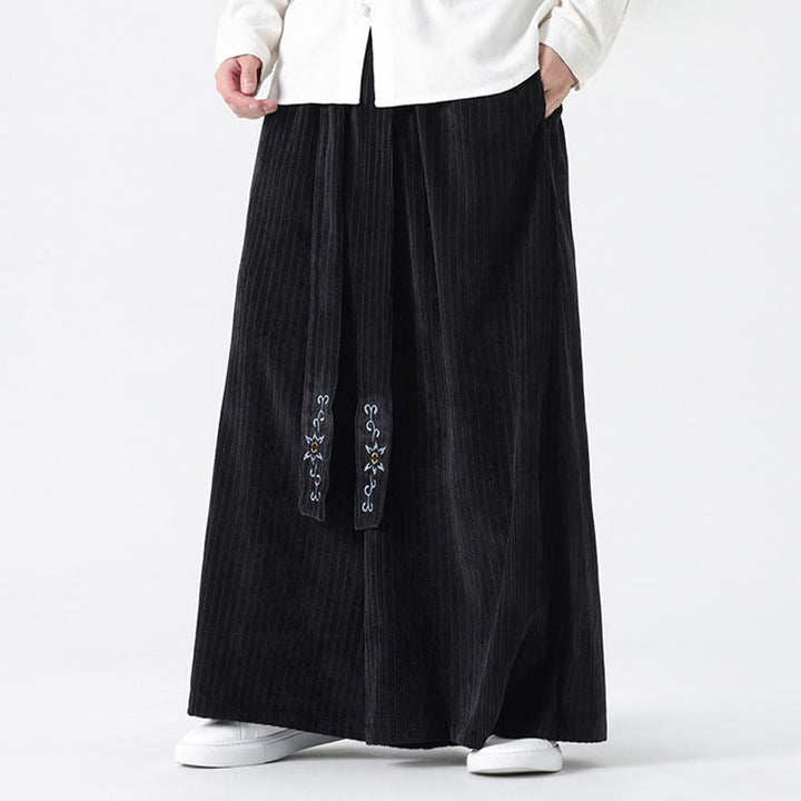 Buddha Stones Casual Embroidery Drawstring Design Men's Corduroy Wide Leg Pants With Pockets - image 14