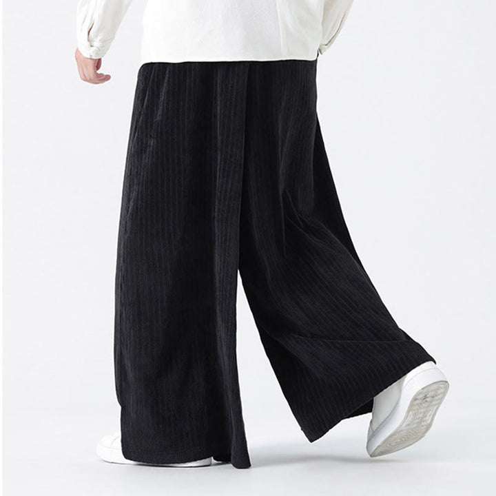 Buddha Stones Casual Embroidery Drawstring Design Men's Corduroy Wide Leg Pants With Pockets - image 18